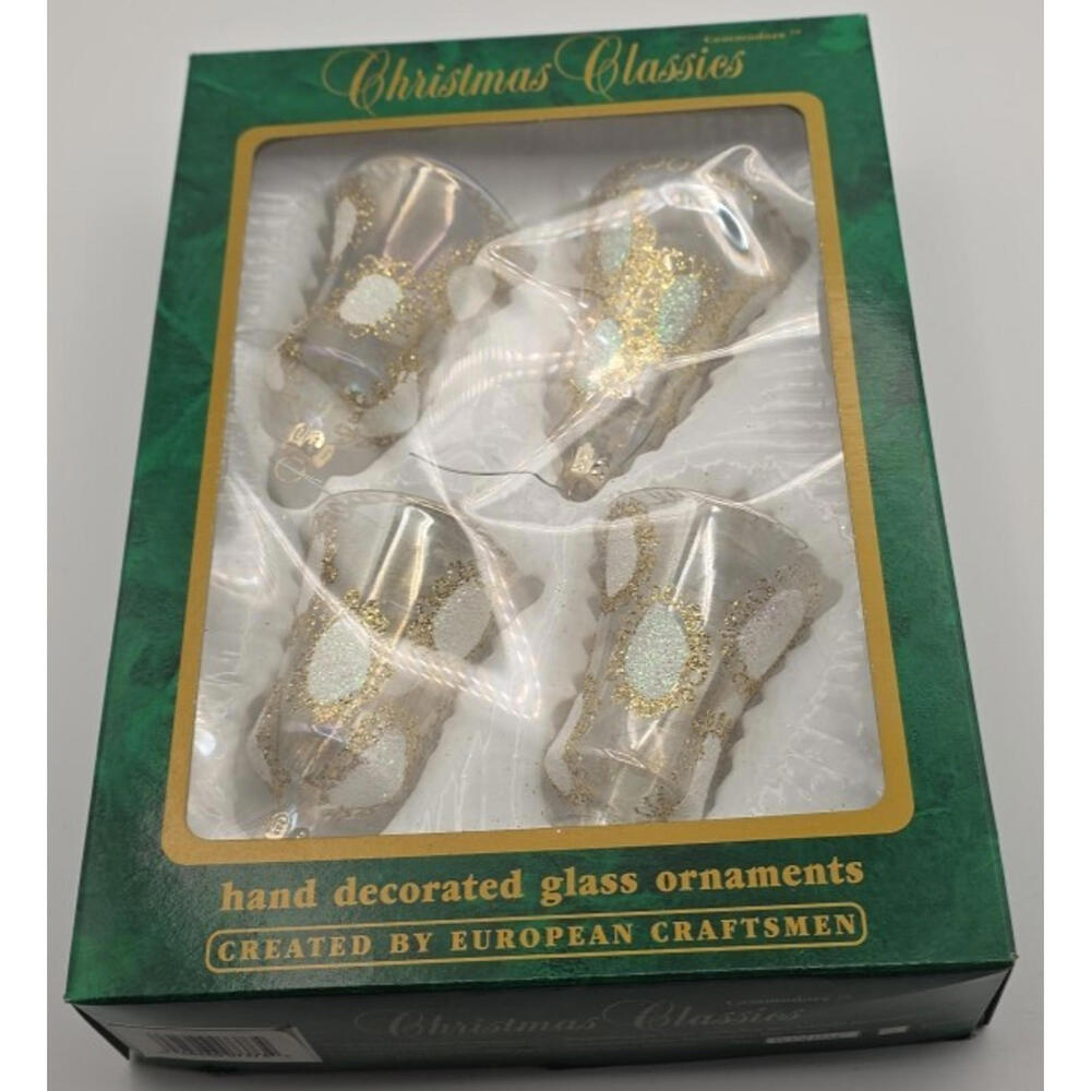 VTG Commodore Hand Decorated Glass Bell Ornaments Christmas Set of 4